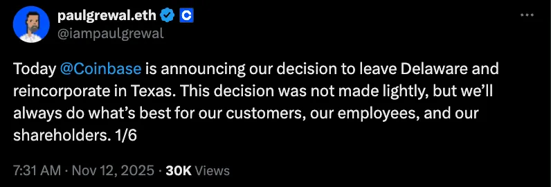 Coinbase迁至得州注册，寻求更优法律环境