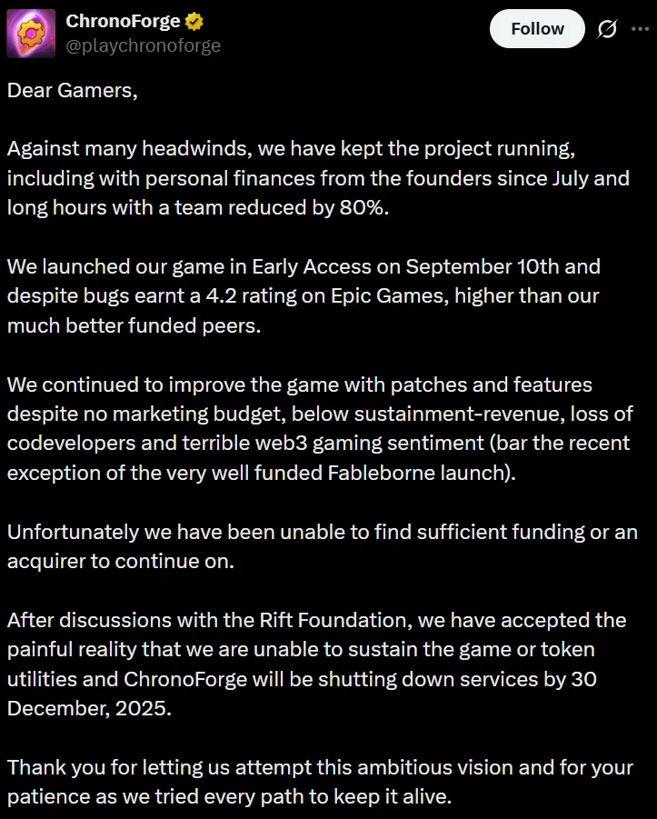 ChronoForge因资金危机宣布关闭，Web3游戏行业面临严峻挑战