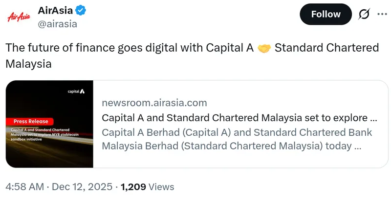 渣打银行与CapitalA联手探索马来西亚林吉特稳定币