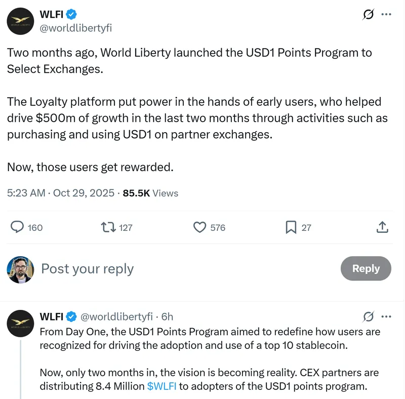 WorldLiberty向USD1早期用户空投840万WLFI代币，价值120万