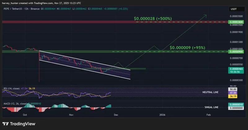 PEPE / USD 12-hour chart, descending channel. Source: TradingView.