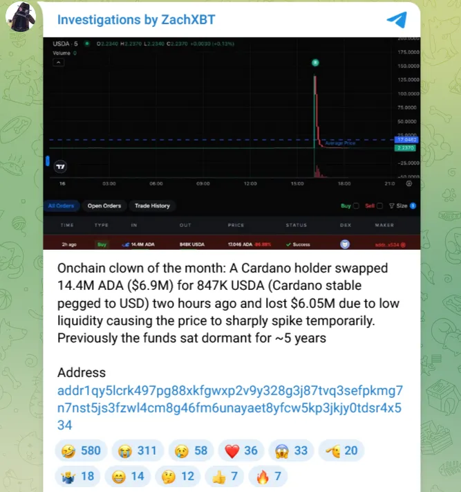 Cardano投资者因流动性不足交易损失超600万美元
