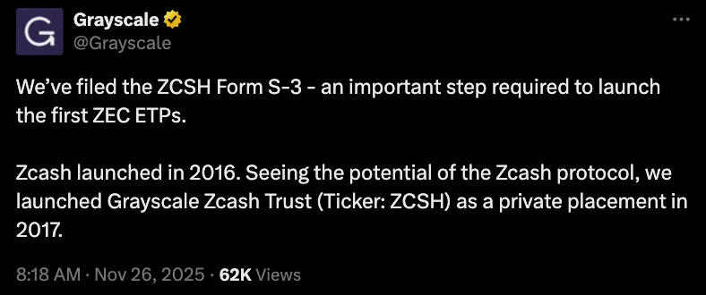 Grayscale申请ZcashETF或成隐私币投资新标杆