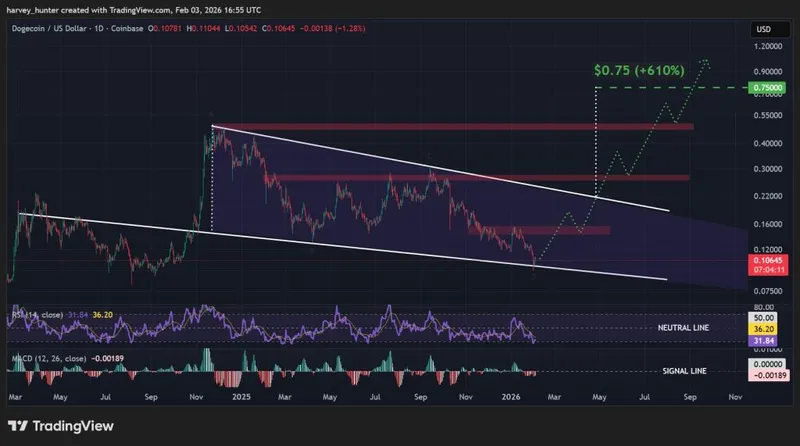 DOGE USD 1日图,下降楔形模式。来源:TradingView。