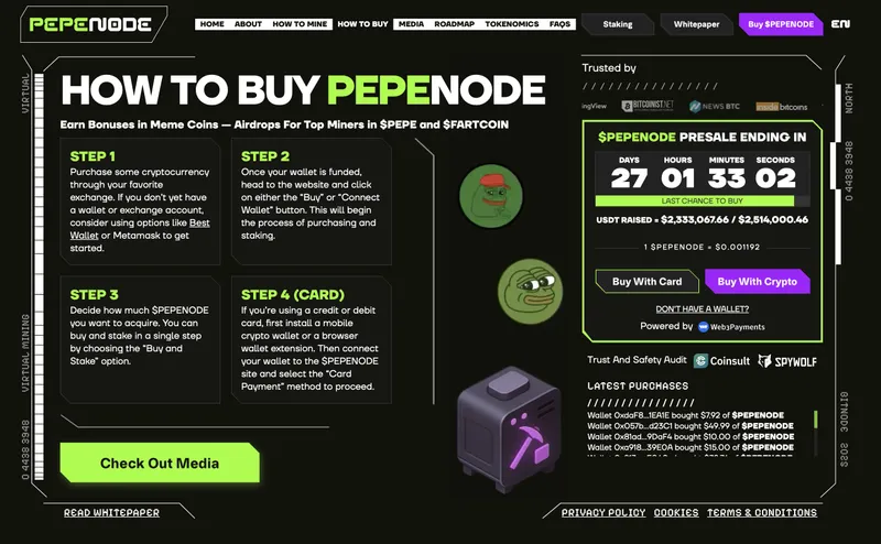 PEPENODE presale website - next meme coin to turn $100 into $10,000.