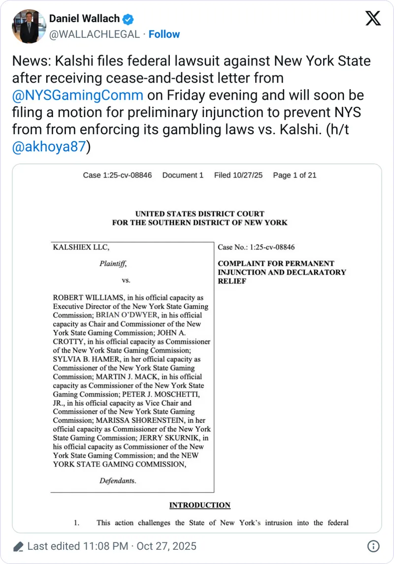 Kalshi起诉纽约博彩委员会称其监管越权