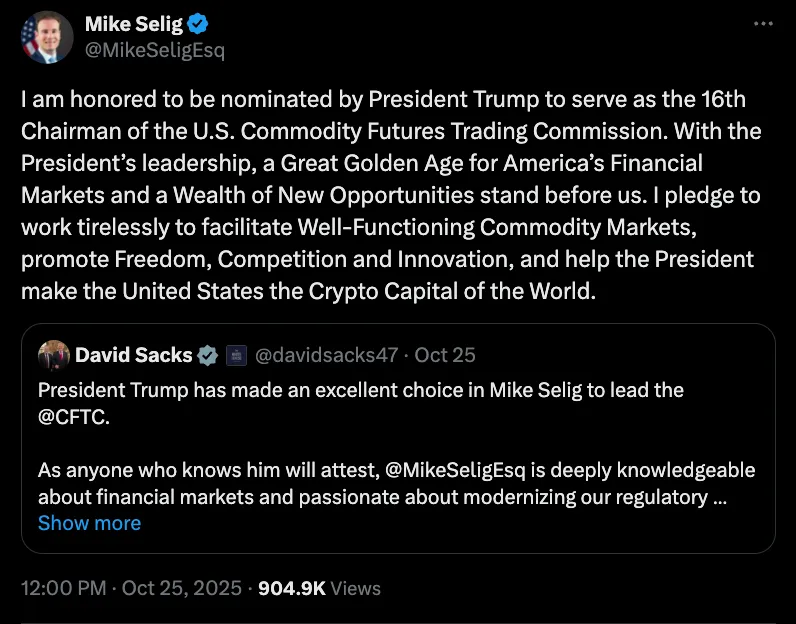 MichaelSelig获提名CFTC主席聚焦加密货币政策