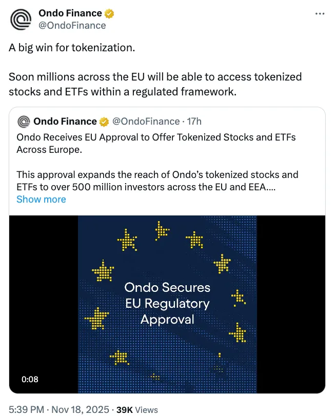 Ondo获列支敦士登批准进军欧洲代币化股票市场
