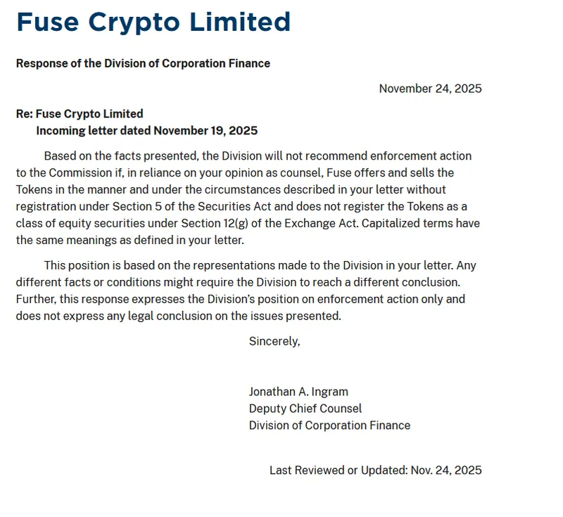 SEC向SolanaDePIN项目Fuse发出监管保护函