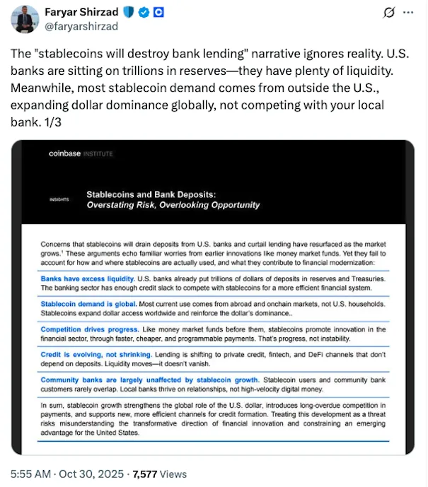 Coinbase反驳稳定币威胁论：全球需求超越美国银行竞争