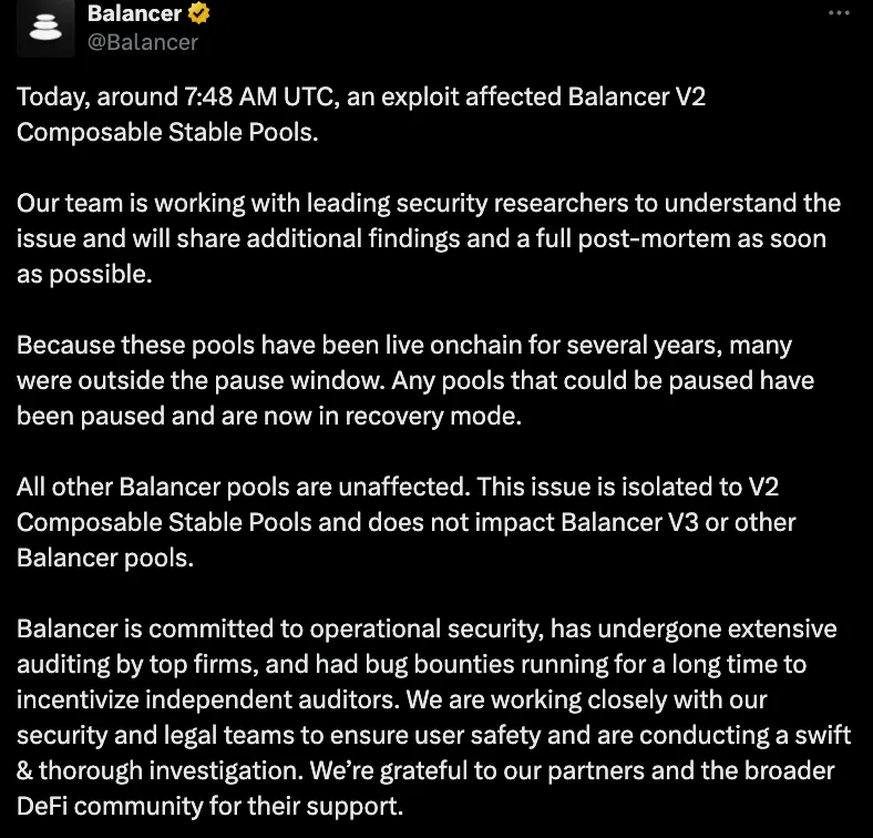 Balancer遭黑客攻击损失超1亿美元，审计有效性引发质疑