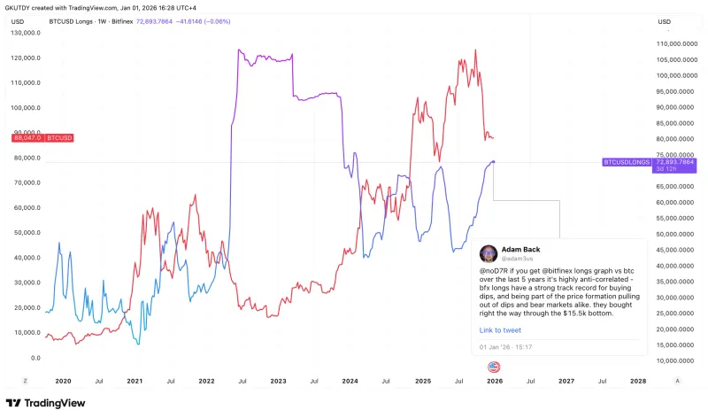 比特币交易图表揭示市场需求：Bitfinex多头从4.4万增至7.3万BTC