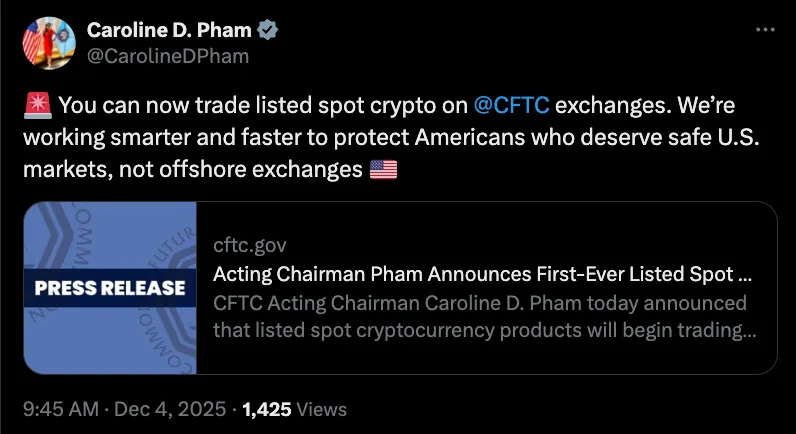 CFTC首次批准美国加密货币现货交易所交易