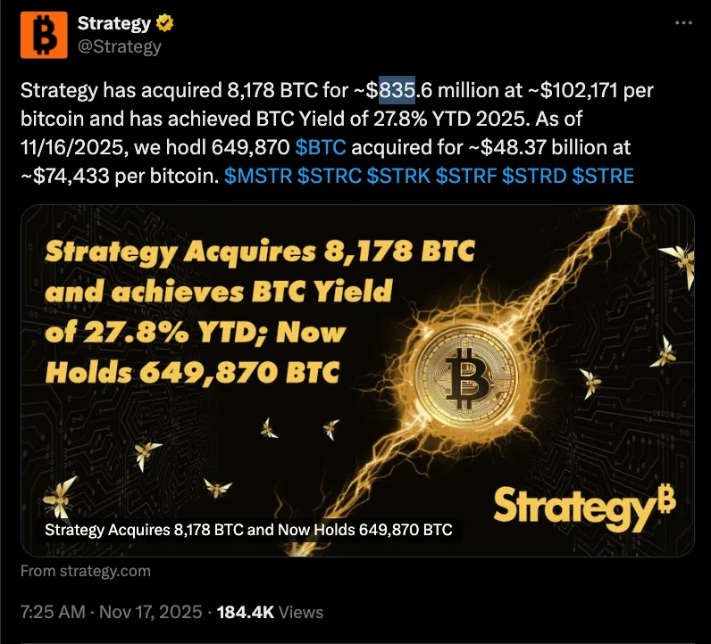 Strategy以8.35亿美元增持8178枚比特币，持续扩张持仓