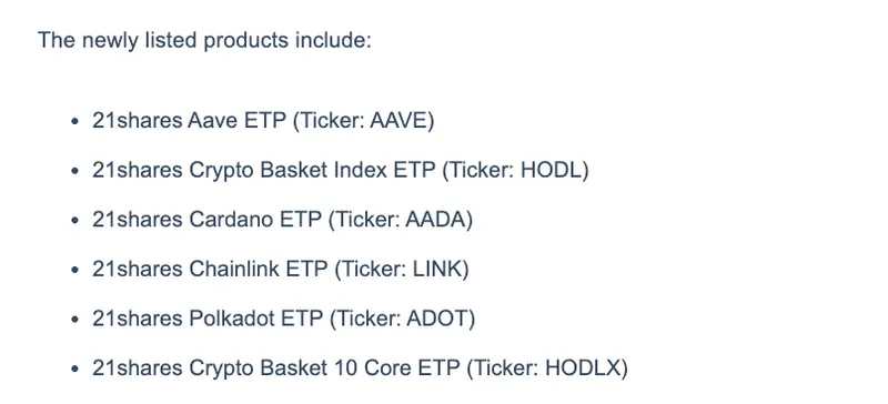 21Shares在瑞典推出六只新加密货币ETP包括Aave和Chainlink