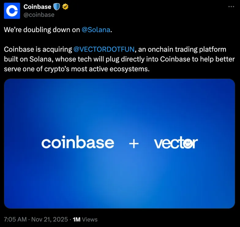 Coinbase收购SolanaDEX平台Vector加速全能交易所战略