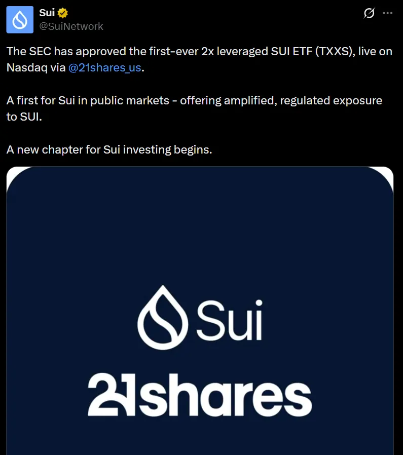 21Shares推出Sui代币2倍杠杆ETF，SEC批准新投资产品