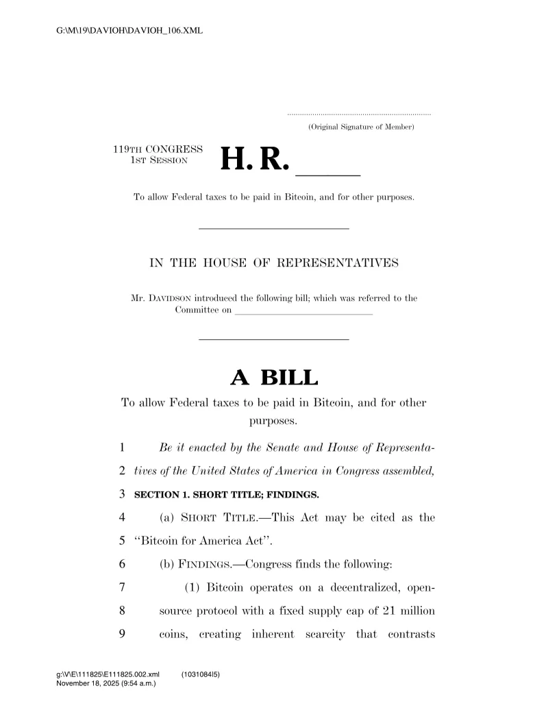 美国立法者提案允许以比特币缴纳联邦税款