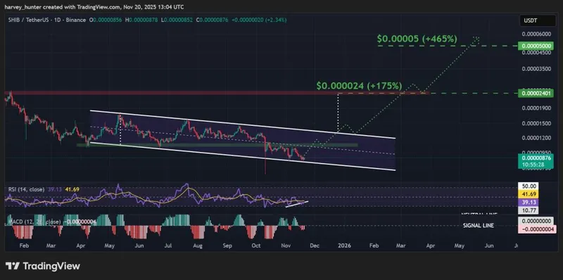 SHIB / USD 1-day chart, descending channel. Source; TradingView.