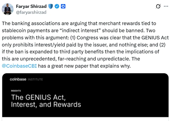 Coinbase反对银行禁令：稳定币支付奖励不应受限