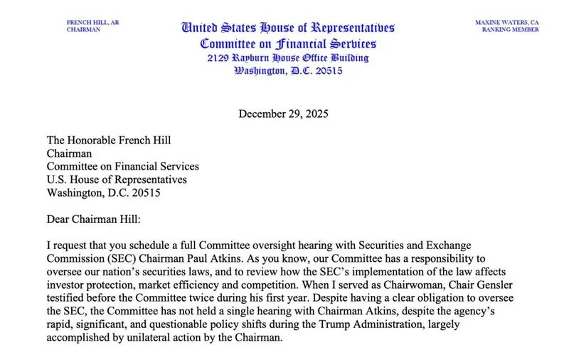 Maxine Waters SEC Hearing - Letter Screenshot