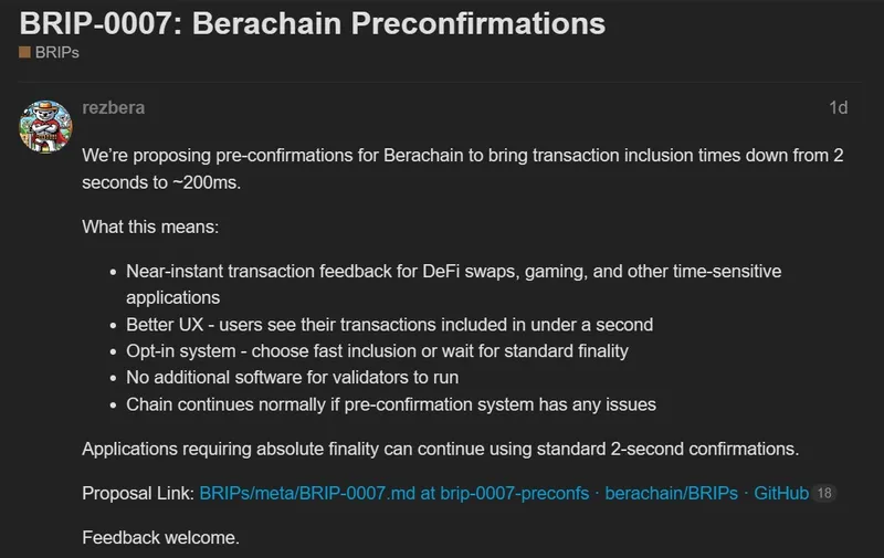 Berachain提案加速交易确认至200毫秒，提升DeFi体验
