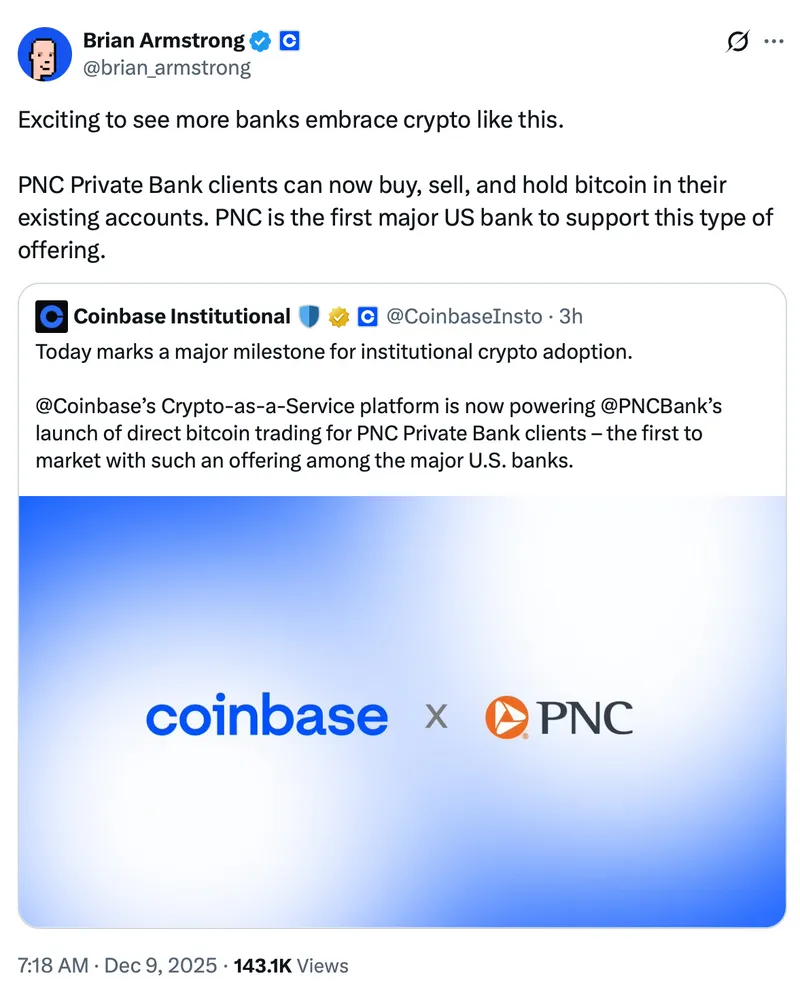 PNC银行首推比特币交易服务，富裕客户可直接买卖BTC