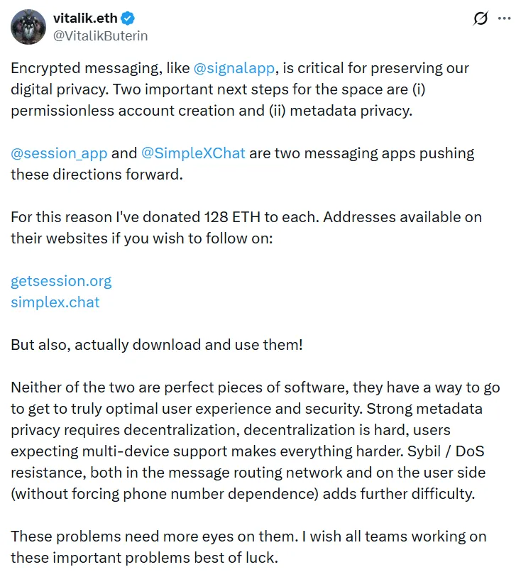 VitalikButerin捐赠76万美元以太币支持隐私消息应用