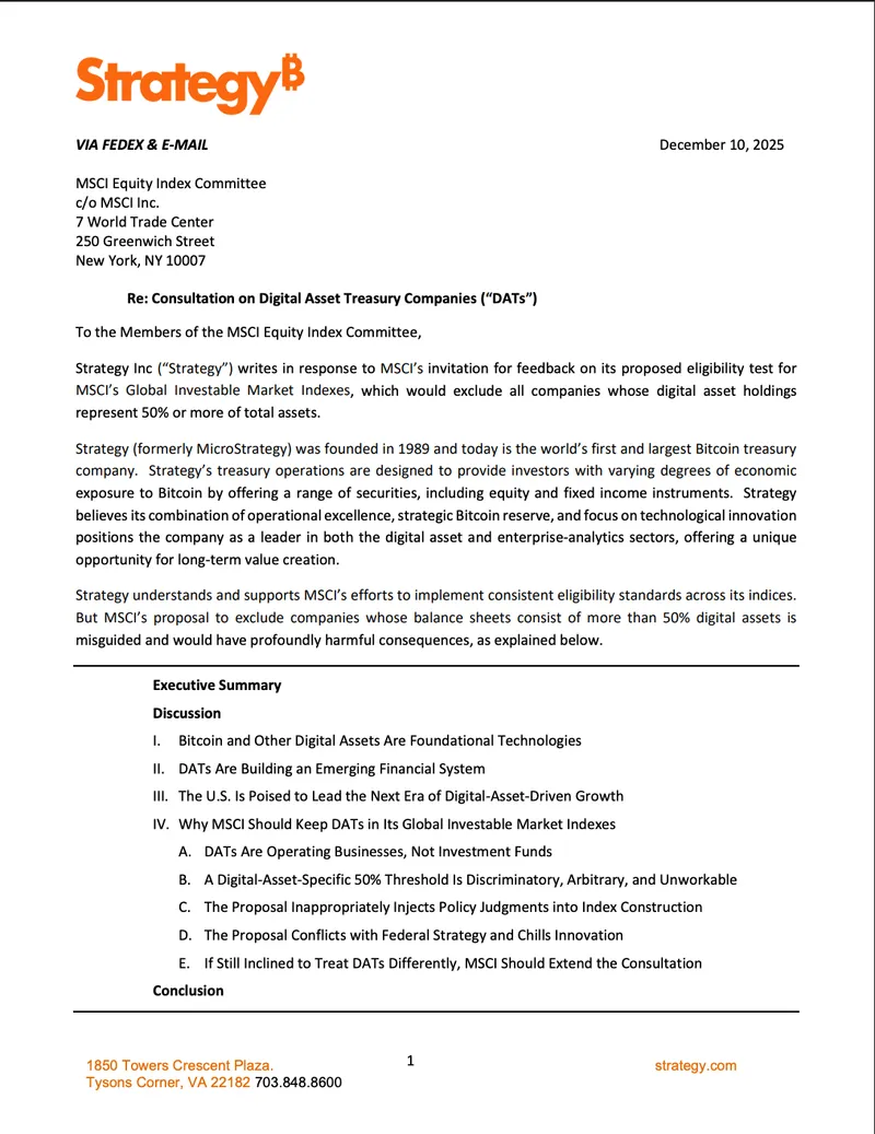 Strategy反对MSCI新规，强调比特币财政公司应纳入指数