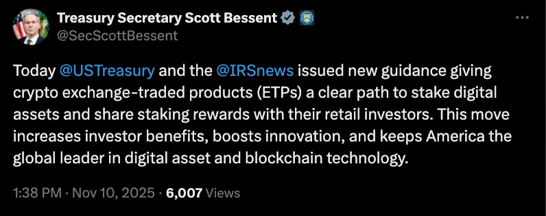 美国国税局发布加密货币ETP新指引质押获安全港支持