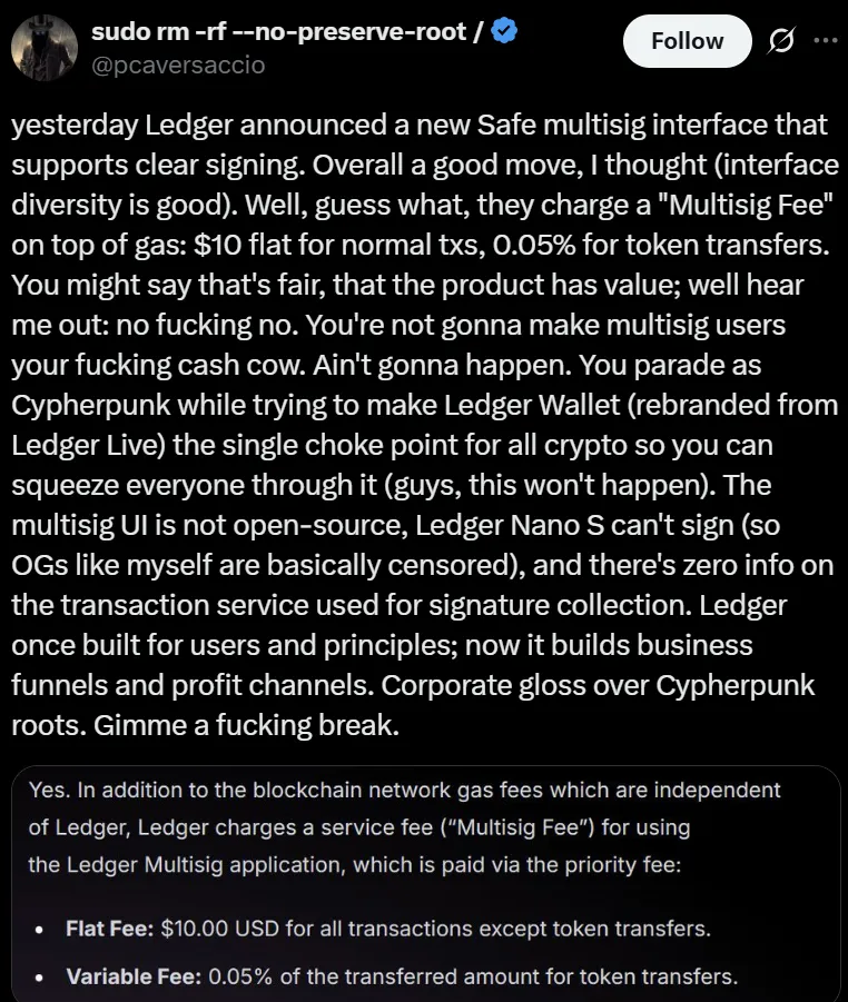 Ledger新多重签名界面引发用户对费用争议