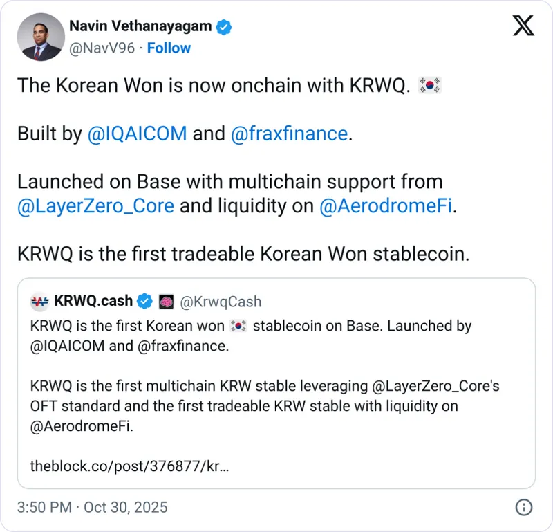 Frax与IQ在Base网络推出首个韩元稳定币KRWQ