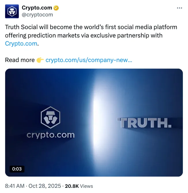 特朗普社交平台TruthSocial联手Crypto.com推出预测市场