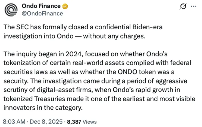 SEC终止对OndoFinance调查，代币化股权迎新机遇