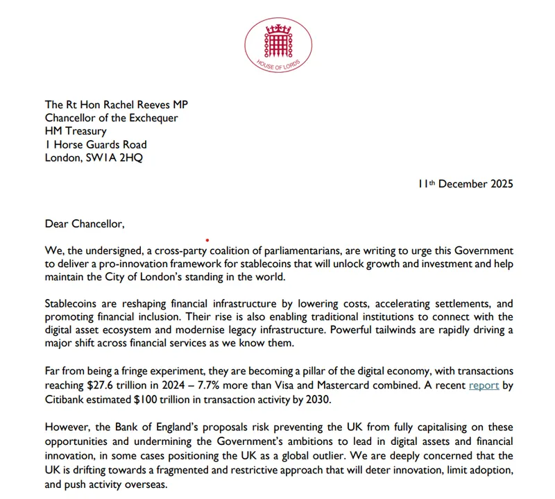 英国议员呼吁重审稳定币监管以防创新流失海外