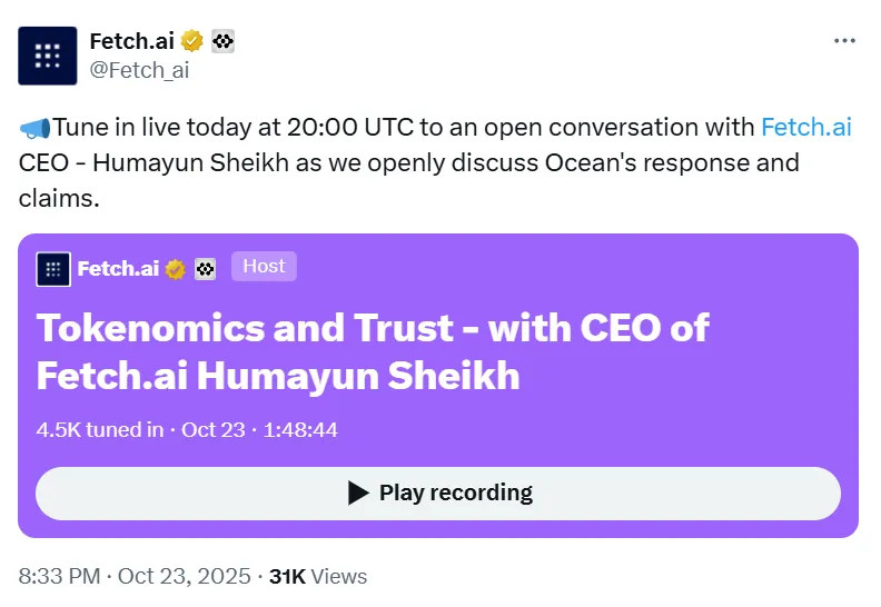 Fetch.ai与OceanProtocol达成协议归还1.2亿FET代币避免诉