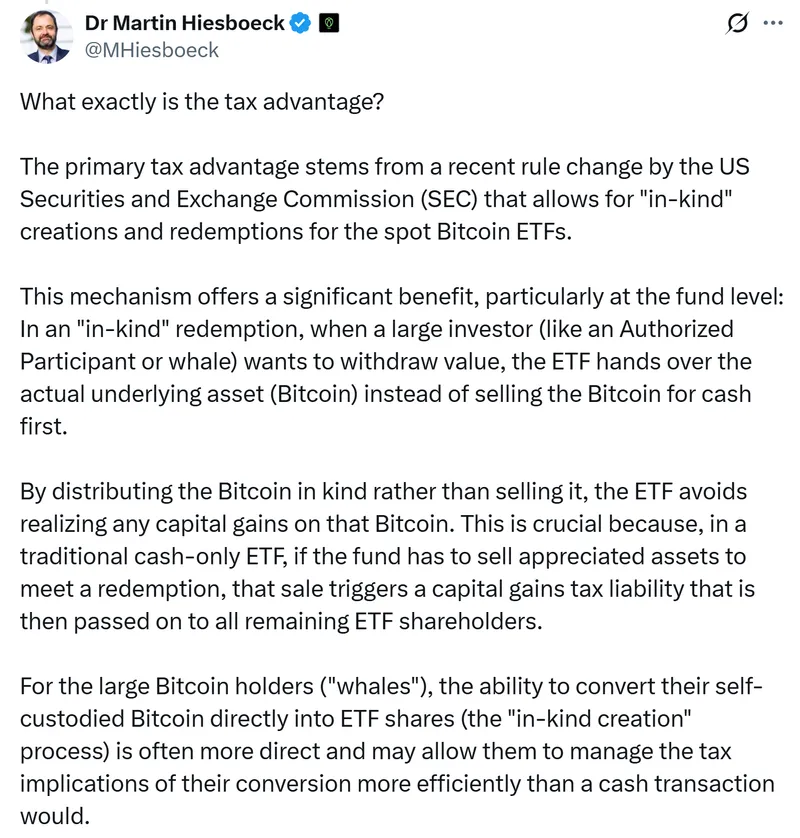 比特币鲸鱼转向ETF：税收优势助力自托管时代终结