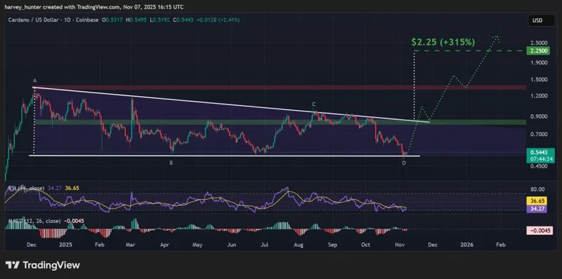 ADA / USD 1-day chart, descending triangle pattern. Source: TradingView.