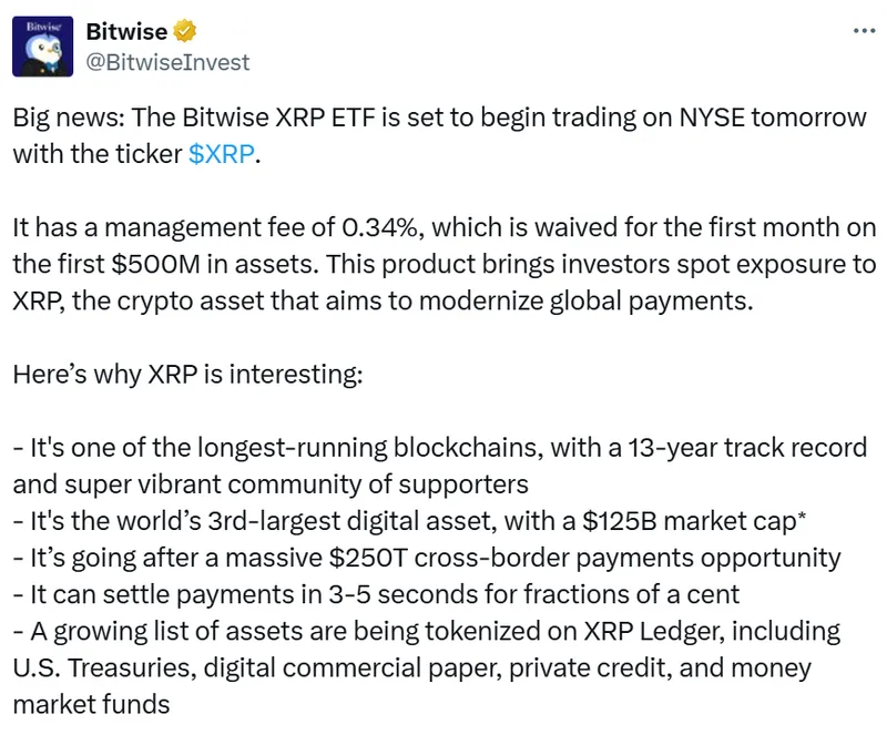 Bitwise推出XRPETF引发股票代码争议，投资者反应不一