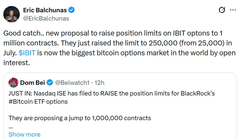 纳斯达克申请将贝莱德比特币ETF期权限额提升至100万张合约